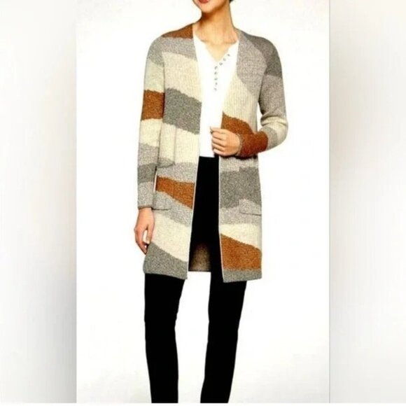Fortune + Ivy Women's Multi-Striped Duster Cardigan Brown Ivory Size XL NWOT - Picture 1 of 8
